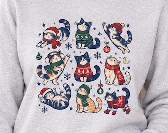 Christmas Cat Sweatshirt for Women: Cute Holiday Kitty Crewneck, Winter Cat Lover Sweater, Festive Animal Graphic, Cozy Gift for Cat Mom