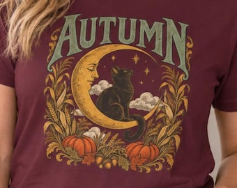 Black Cat Fall Shirt for Women: Vintage Autumn Graphic Tee, Witchy Cottagecore T-Shirt, Pumpkin Moon Cat Lover Gift, Cozy Fall Outfit