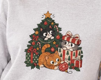 Christmas Cat Sweatshirt for Women: Cute Holiday Kitty Crewneck, Cat Mom Christmas Sweater, Christmas Tree Shirt, Cozy Cat Lover Gift