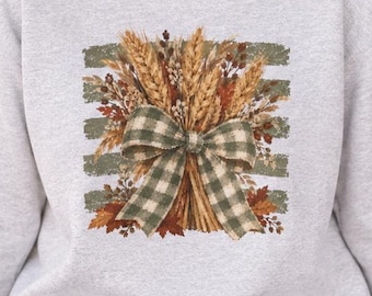 Fall Sweatshirt for Women: Rustic Wheat Graphic Crewneck, Gingham Bow Autumn Sweater, Farmhouse Thanksgiving Shirt, Cozy Harvest Gift