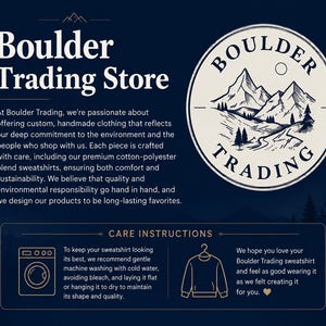 May include: A dark blue informational graphic for Boulder Trading Store featuring a circular logo with a mountain landscape illustration. The text includes a company mission statement and care instructions for sweatshirts, with icons of a washing machine and a hanger.