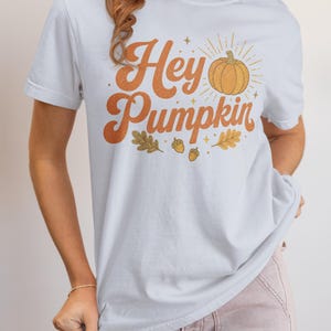 May include: A light blue short-sleeve t-shirt featuring the orange text "Hey Pumpkin" in a retro font. The graphic includes an orange pumpkin illustration with radiating sunburst lines, small stars, and several brown oak leaves and acorns.