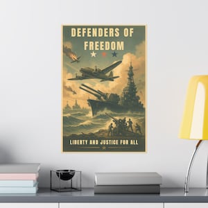 Defenders of Freiheit WWII Poster | Vintage Militär Kunstdruck | Freiheit und Gerechtigkeit für alle Wanddekor | Starkes Mattes Giclée Poster