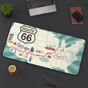 Tapete de escritorio retro de la Ruta 66 - Mapa de Estados Unidos con arte vintage - Tapete de escritorio de neopreno para amantes de la historia y patriotas estadounidenses