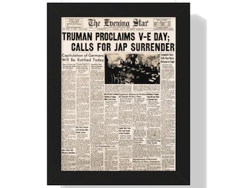 Framed WW2 Newspaper Replica: Victory in Europe, May 8, 1945