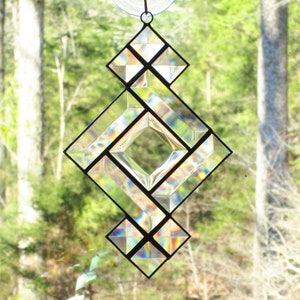 Stained Glass Beveled Suncatcher Victorian with Multifaceted 2" x 2" Beveled Center