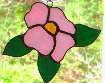Stained Glass Suncatcher Dogwood Flower in Iridescent Pink Glass and Dark Wispy Green Leaves