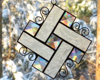 Stained Glass Suncatcher Pinwheel in Frosted Clear Glass with Bevels and Curly Cue Wire