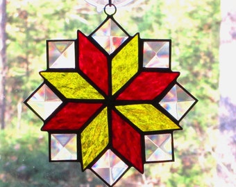 Stained Glass Suncatcher, Quilt Pattern - 8 Point Star -Yellow and Red Rough Rolled Glass & Clear Bevels