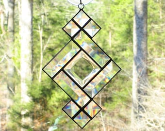 Stained Glass Beveled Suncatcher Victorian with Multifaceted 2" x 2" Beveled Center