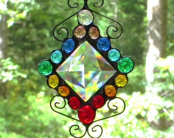 Stained Glass Chakra Suncatcher with 50mm Clear Square Jewel Center - Rainbow Colored Glass Nuggets and Wire Curls- Yoga Decor