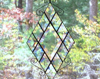 Stained Glass Suncatcher Diamond Shaped Victorian with all Beveled Glass