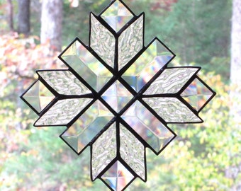 Stained Glass Suncatcher Cross Quilt Pattern in Clear Rippled Glass with Clear Bevels