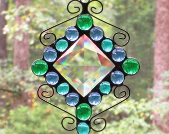 Stained Glass Suncatcher with 50mm Clear Square Jewel Center - Medium Blue, Teal Green, and Green Colored Glass Nuggets - Wire Curl Accents