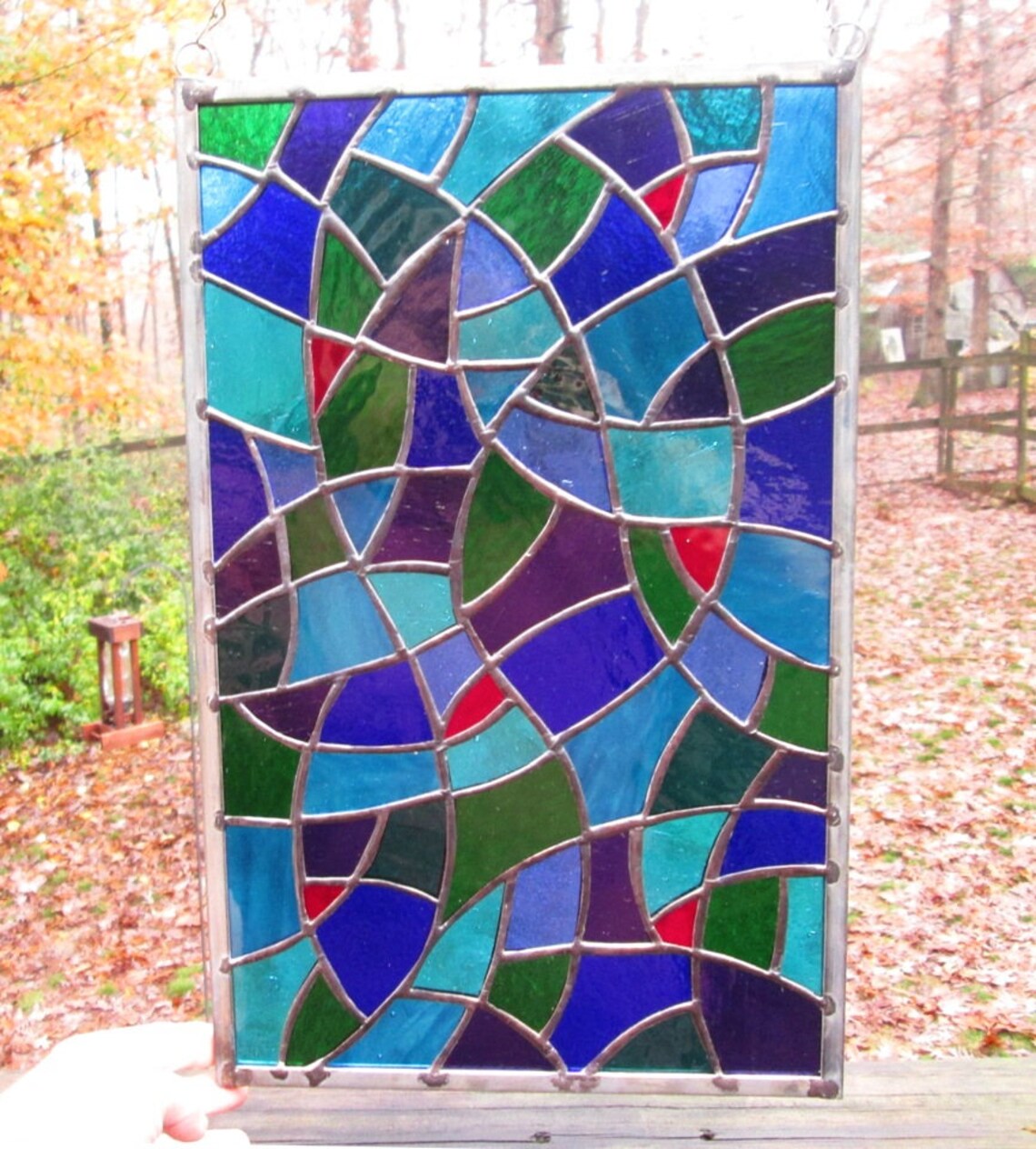 Stained Glass Rectangle Panel Multicolored Abstract With Red Etsy