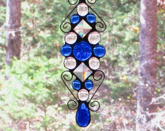 Stained Glass Suncatcher Cobalt Blue Moon Face Jewel, Blue & Clear Glass Nuggets, Blue Jewel Tail, Clear Bevels, Curly Cue Accent Wire