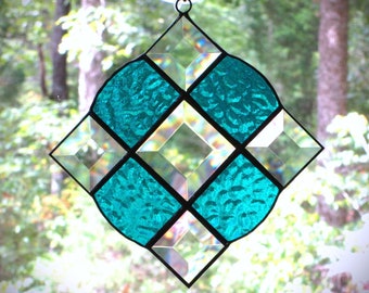 Stained Glass Suncatcher Victorian in an Aqua Blue Bumpy Texture Glass and Bevels