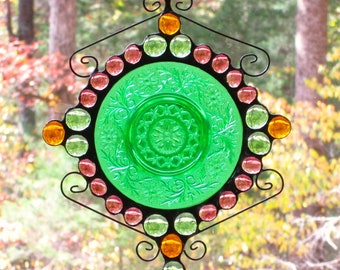 Stained Glass Suncatcher - Vintage Green Plate, with Purple, Amber, and Green Nuggets, Curly Cue Wire Accents