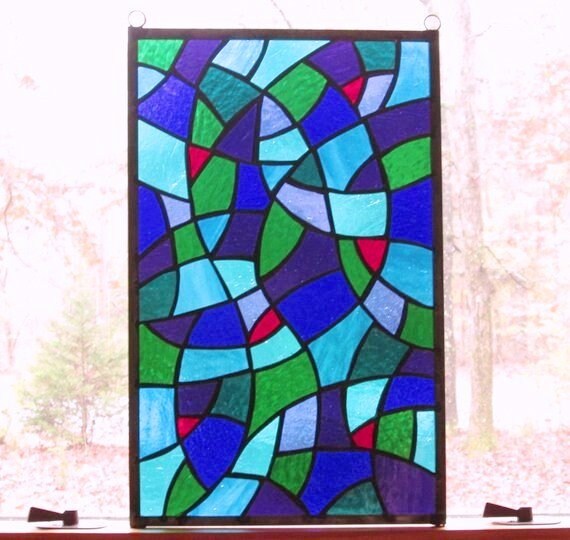 Stained Glass Rectangle Panel Multicolored Abstract With Red Etsy