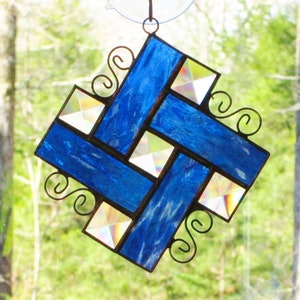 Stained Glass Suncatcher Pinwheel in Cobalt Blue with Bevels and Curly Cue Wire