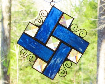 Stained Glass Suncatcher Pinwheel in Cobalt Blue with Bevels and Curly Cue Wire