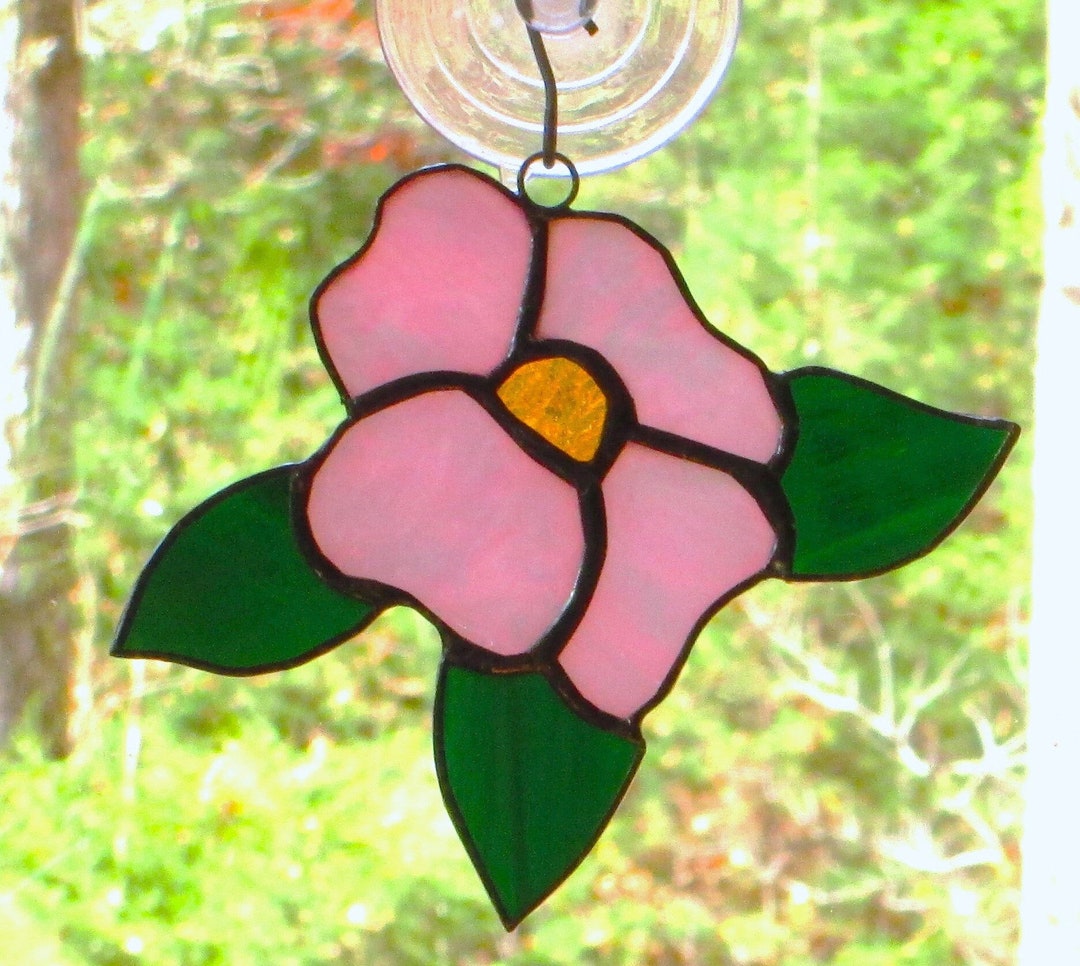 Stained Glass Sun Catcher, Pink Dogwood. Handmade, Copper Foil With Black  Patina 