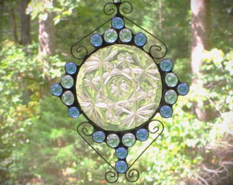Stained Glass Suncatcher with Vintage Clear Plate, with Blue and Sky-Blue Nuggets, Curly Cue Wire