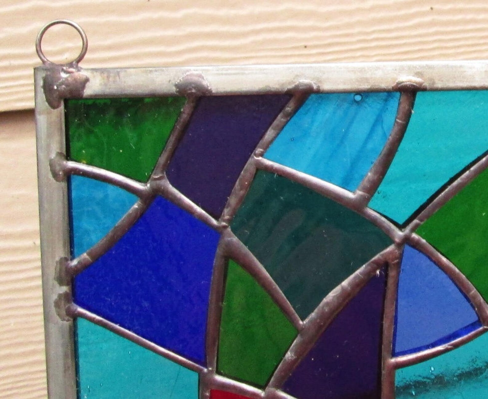 Stained Glass Rectangle Panel Multicolored Abstract With Red Etsy