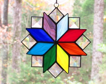 Stained Glass Quilt Suncatcher in the 8 Point Star Pattern in Rainbow Chakra Colored Glass, and Clear Bevels