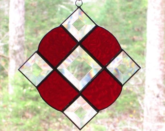 Stained Glass Suncatcher Victorian in Textured Red Glass and Bevels