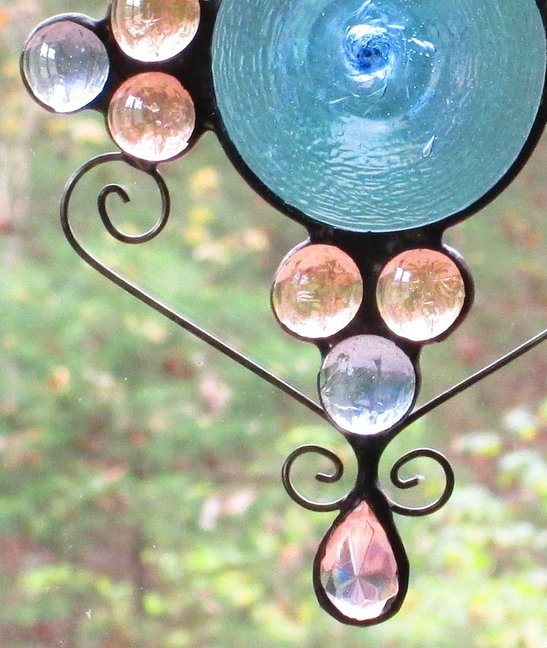 Garden Decoration Blue Hand Spun Glass Rondelle Stained Glass Suncatcher With Curly Cue Wire Blue Peach Nuggets Faceted Jewel Tail Home Living