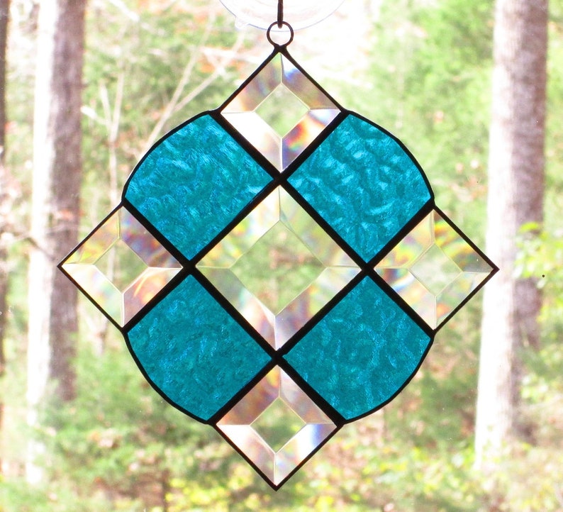 Blue Green Textured Glass with Bevels Stained Glass Victorian Suncatcher