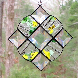 Stained Glass Suncatcher Victorian with Clear Bevels and Yellow Green Fractures & Streamers Glass and Bevels