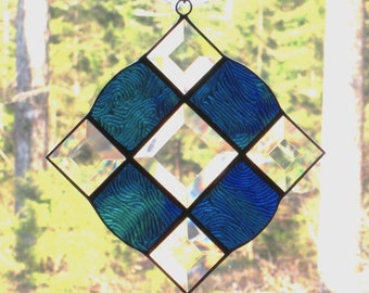 Stained Glass Suncatcher - Victorian in Blue Green Vertigo Textured Glass