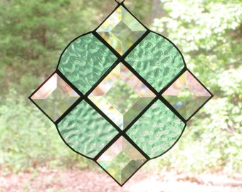 Stained Glass Suncatcher Victorian in Textured Light Green and Clear Bevels