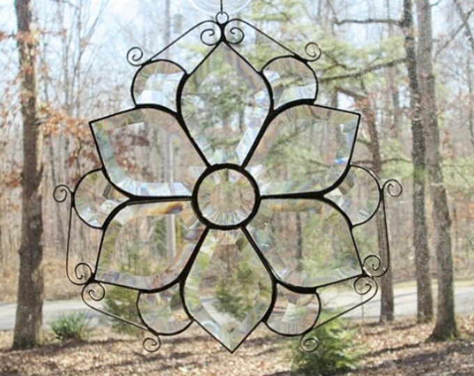 Stained Glass Panel Suncatcher Clear Beveled With Curled Wire Etsy
