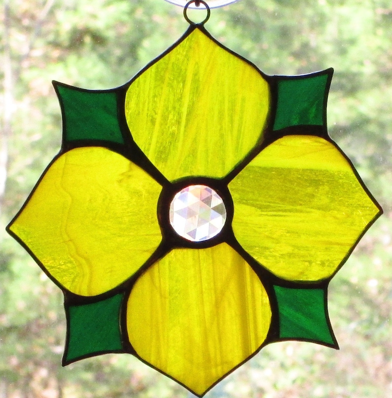 Victorian Flower in Yellow with Dark Green Points Stained Glass Suncatcher