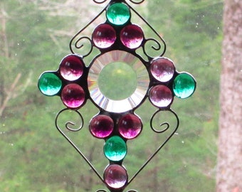 Stained Glass Suncatcher with Round Center Bevel and Purple & Green Nuggets, Curly Cue Wire for Accent
