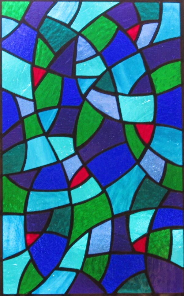 Stained Glass Rectangle Panel Multicolored Abstract With Red Etsy