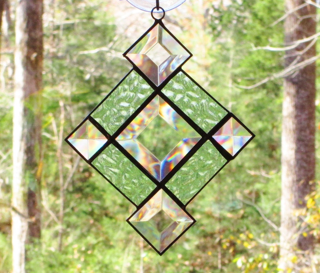 Stained Glass Suncatcher Clear Bevels and Textured Light Green Glass Etsy
