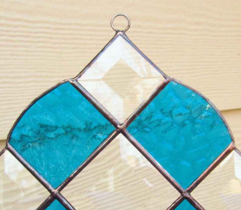 Blue Green Textured Glass with Bevels Stained Glass Victorian Suncatcher