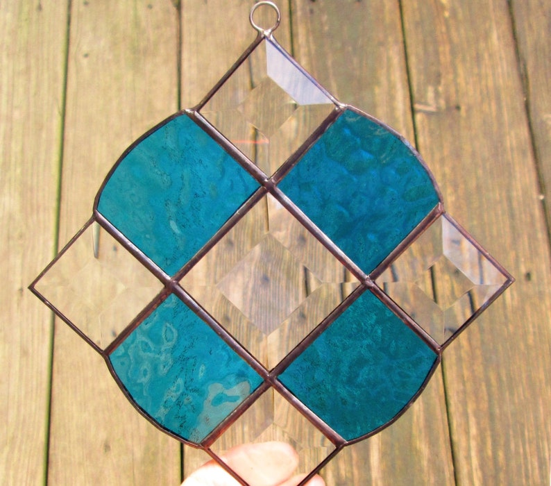 Blue Green Textured Glass with Bevels Stained Glass Victorian Suncatcher