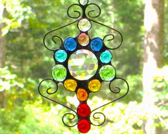 Stained Glass Rainbow Chakra Suncatcher with Clear 35MM Jewel Center - Rainbow Colored Glass, Nuggets and Wire - Yoga