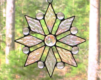 Stained Glass Suncatcher 8 Point Star in Iridescent Clear Ripple Glass, Clear Faceted Jewel, and Clear Iridescent Nuggets