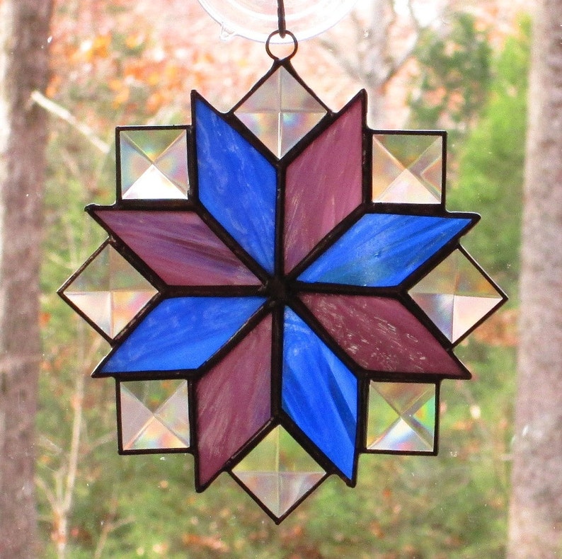 Stained Glass Suncatcher 8 Point Star Quilt Pattern in Blue Etsy