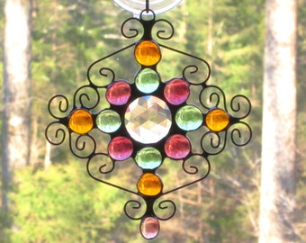 Stained Glass Suncatcher with Clear 35MM Jewel Center - With Purple, Green, Amber Colored Nuggets, and Wire - Mardi Gras Cross