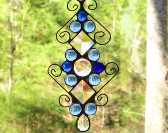 Stained Glass Suncatcher with Light & Dark Blue Glass Nuggets, Clear Center Jewel, Jewel Tail, Clear Square Bevels, Curly Cue Accent Wire