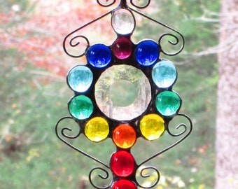 Stained Glass Rainbow Chakra Suncatcher Clear Round Bevel Center with Rainbow Colored Glass Nuggets and Wire for Accent