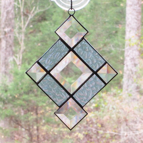 Stained Glass Beveled Suncatcher with Textured Light Blue Glass Border