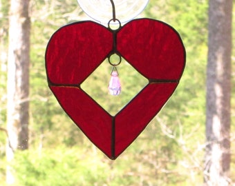 Stained Glass Suncatcher Open Heart with Iridescent Drop Crystal in Red Textured Glass